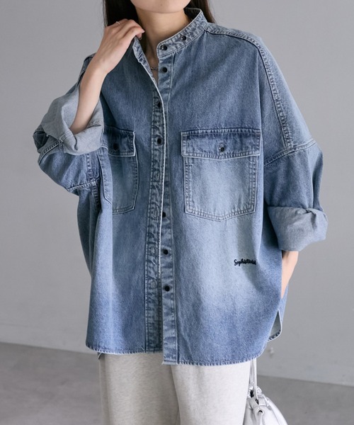 pual ce cin ブラウス シャツ ヴィンテージライクデニムバンドカラー