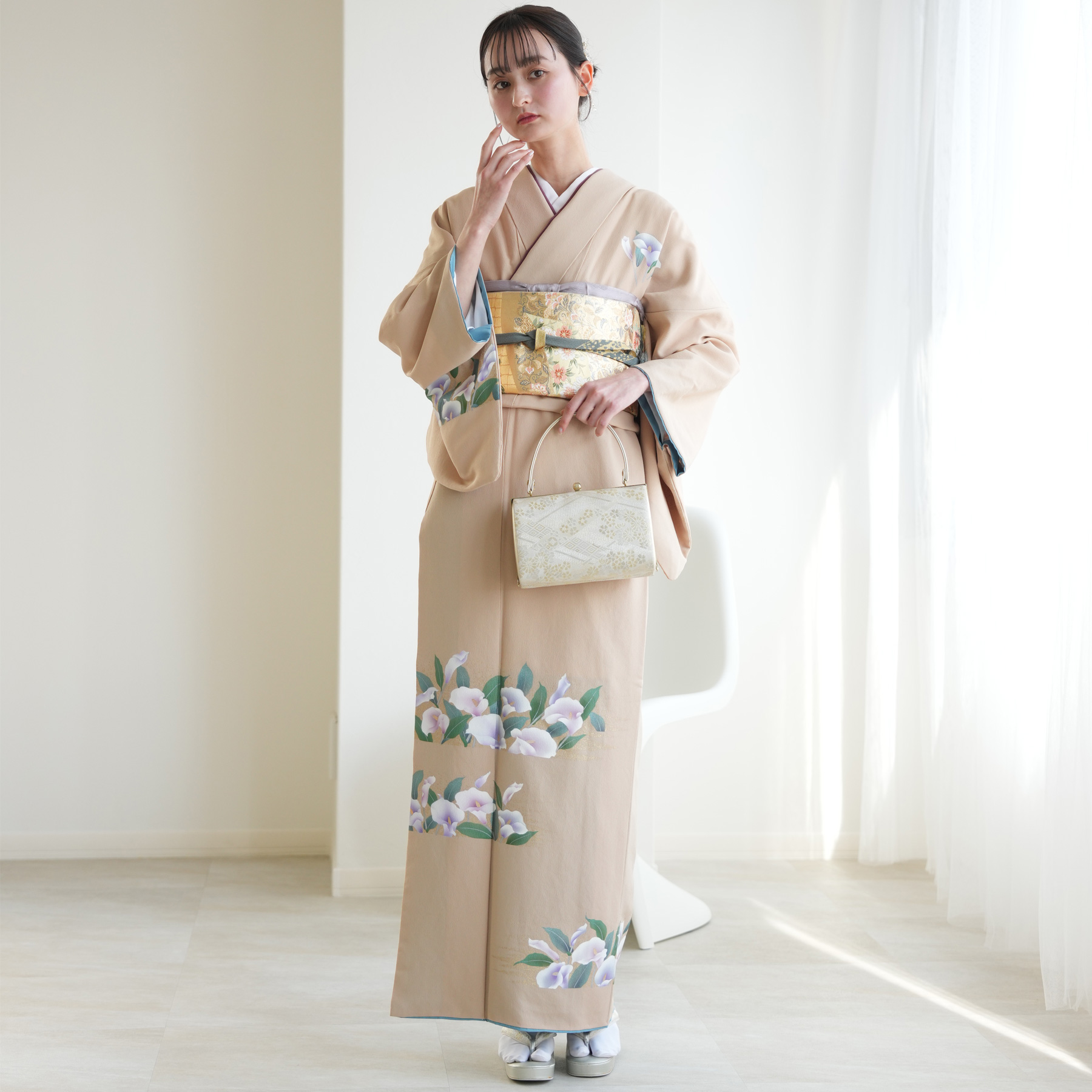 訪問着 レンタル おしゃれ 20点セット 着物 花 ベージュ系 卒業式 卒園