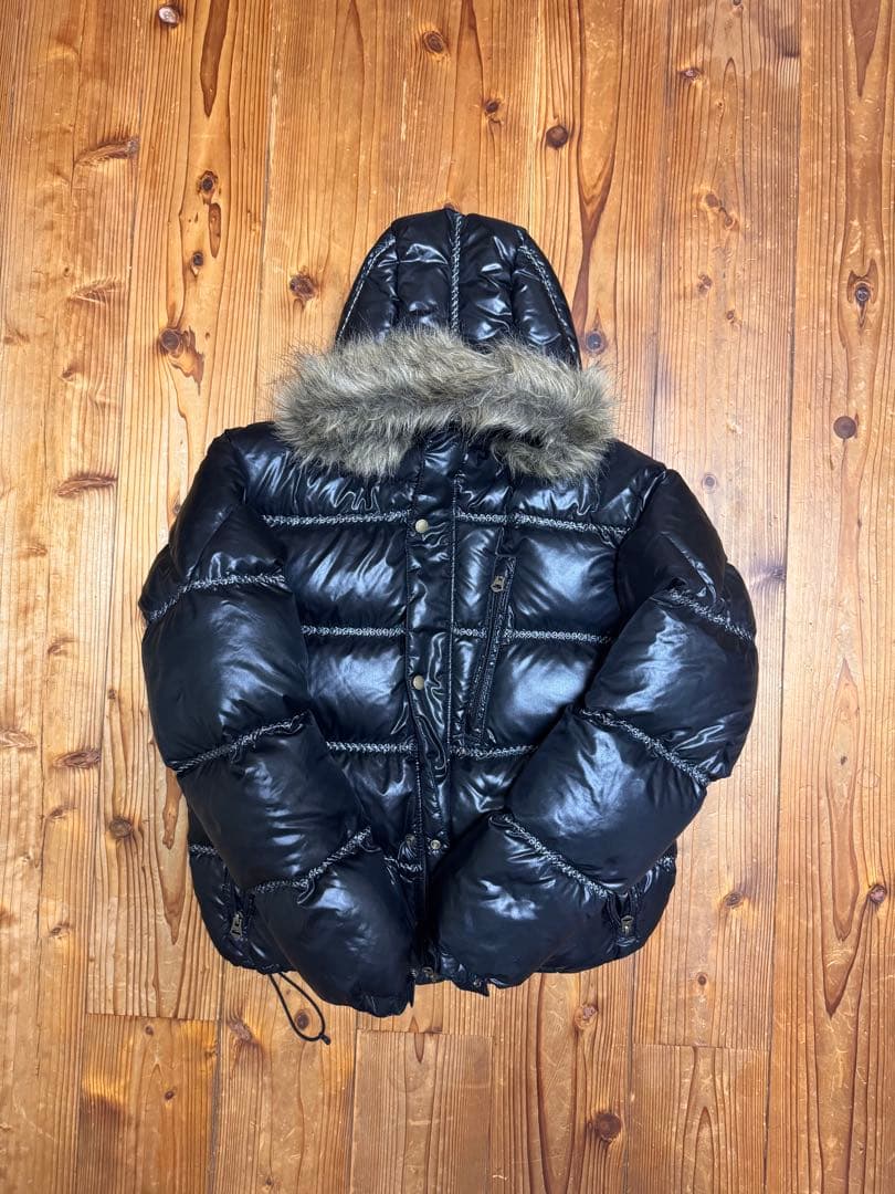 ファーダウンジャケット　光沢ダウン　黒　短丈 裾絞り可能2way 】フェイクレザーショートパファーダウンジャケット