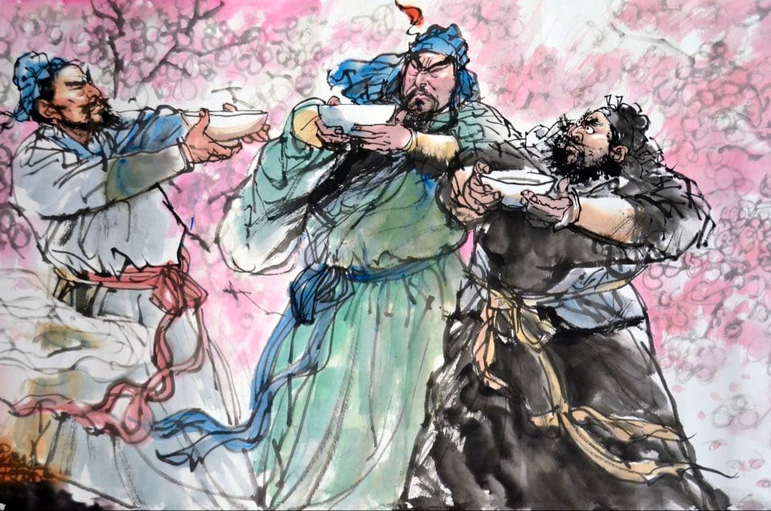 水墨画 『桃園三結義』 人物 古代の武士たち 桜背景 水墨画 『桃園三結義』 人物 古代の武士たち 桜背景