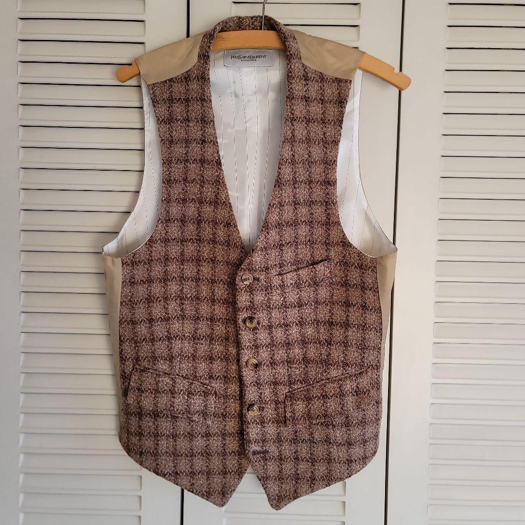 Yves Saint Laurent チェック柄ベスト イヴ サンローラン ヴィンテージ YSLロゴ Vネック チェック柄 ニット