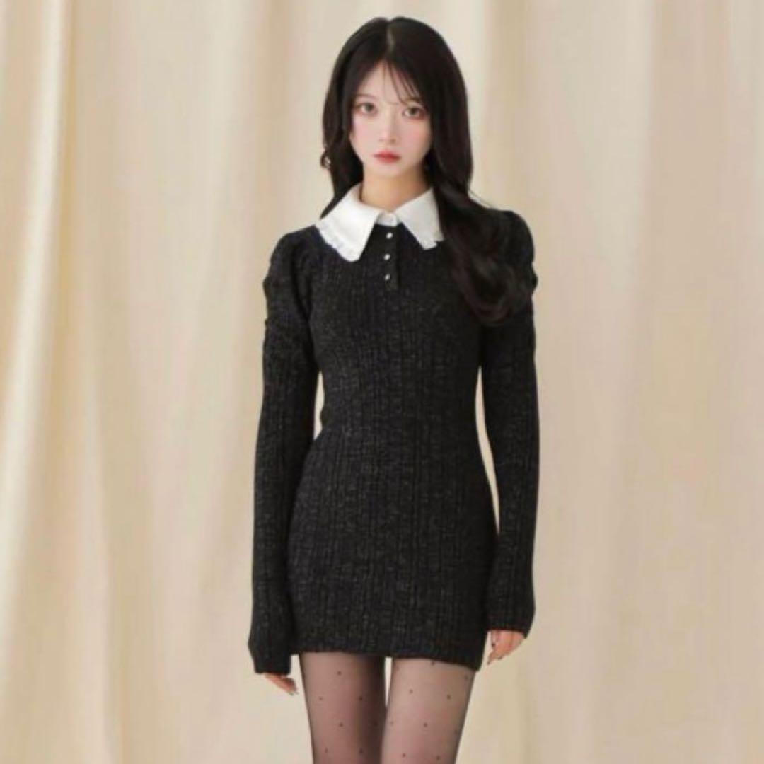 エムミーエメ M me eme フリルカラーニットワンピース 黒 - メルカリ