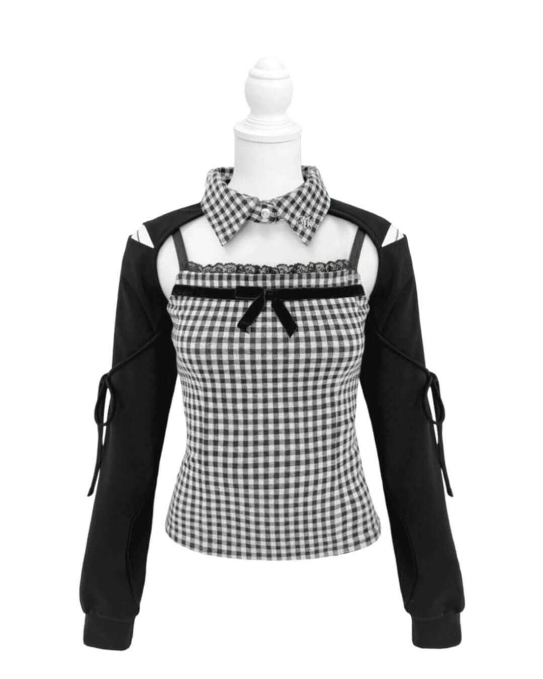 リボンスリットギンガムアンサンブルトップス ブラック | ファッション