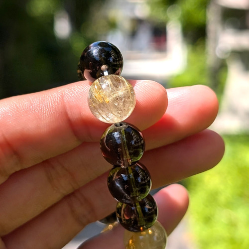 金針水晶ゴールド ルチルクォーツ 煙水晶スモーキークォーツ 数珠