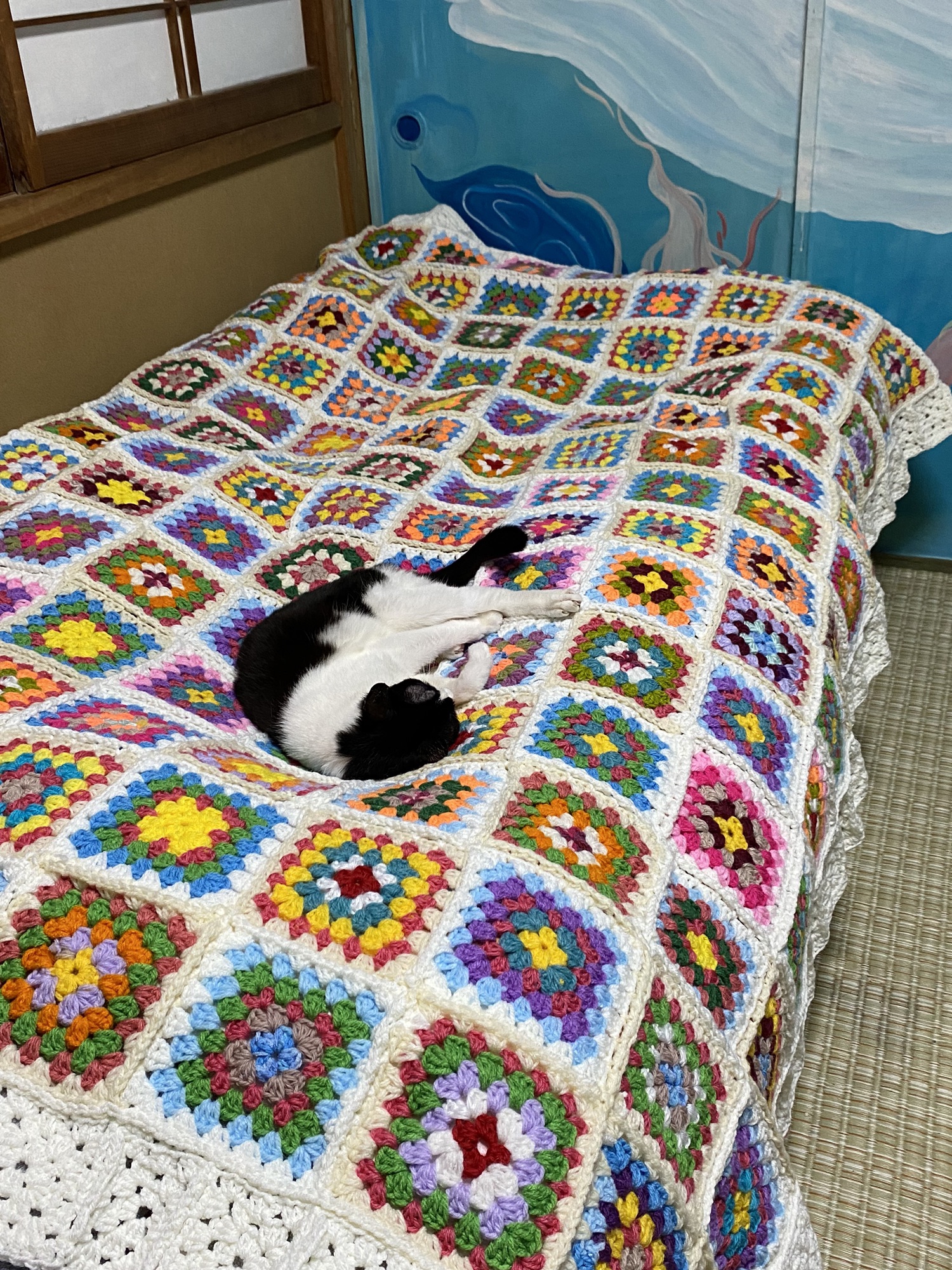 145)カラフルなグラニースクエアベッドカバー&ストール☆セットで 145